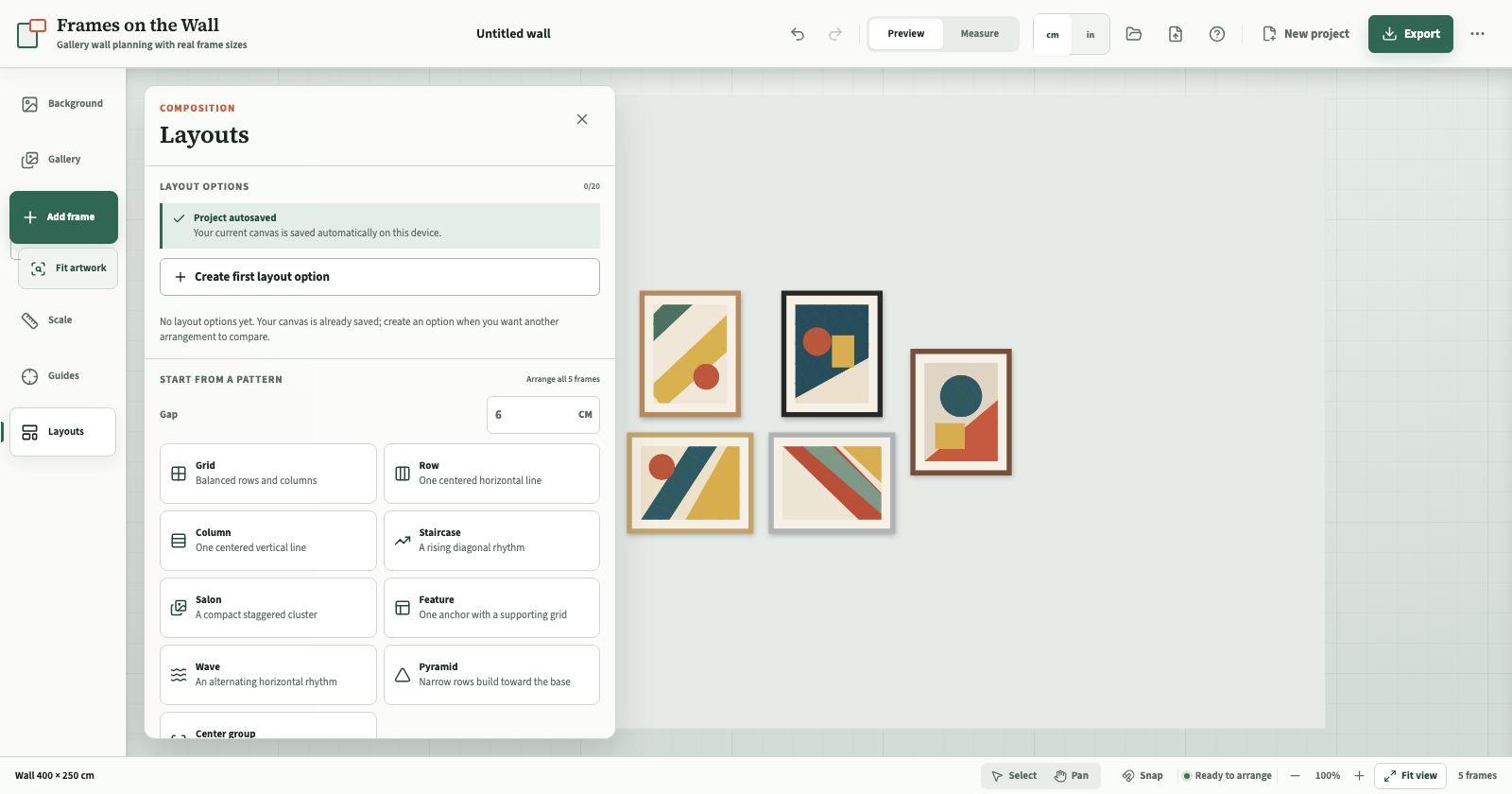 The current Frames on the Wall editor showing five framed artworks and the available layout options